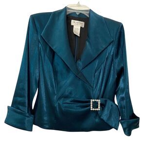 J. R. Nites Top Women Size 8 Turquoise Dressy Fitted Mock Wrap Shiny Silky